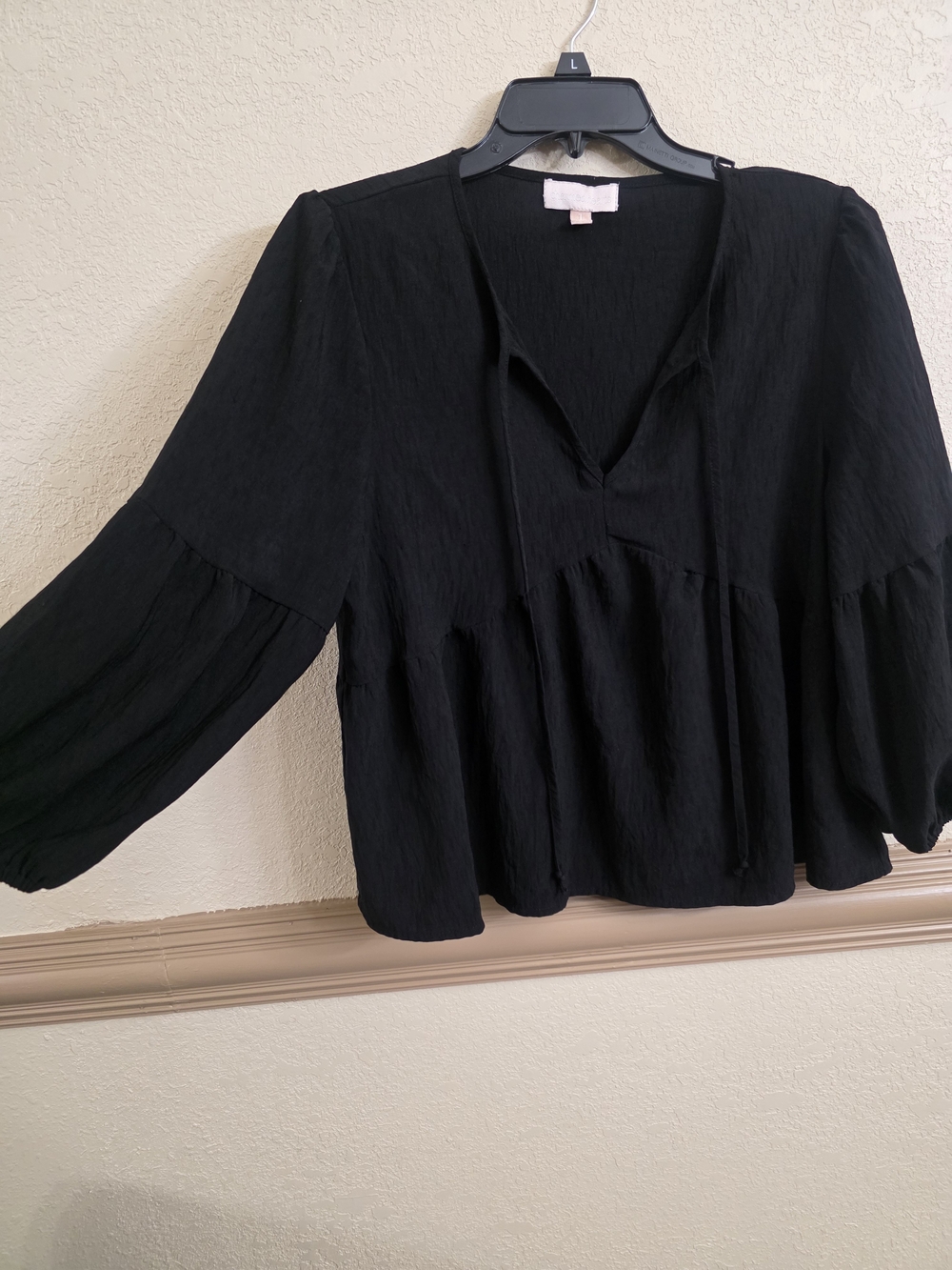 Charmed Hearts Black Peasant Blouse with Tie Neck